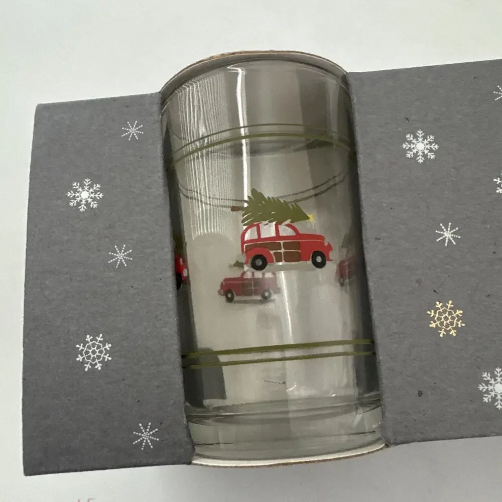 Pottery Barn Christmas Woody Car Juice Glasses Set of 4 Holiday Glassware